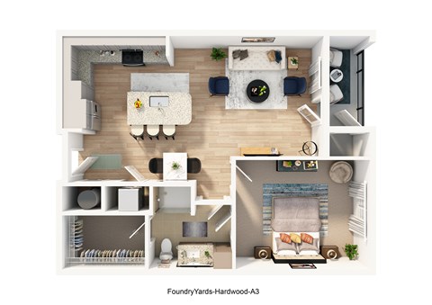 Floor plan for 1 bed, 1 bath, 834 sqft